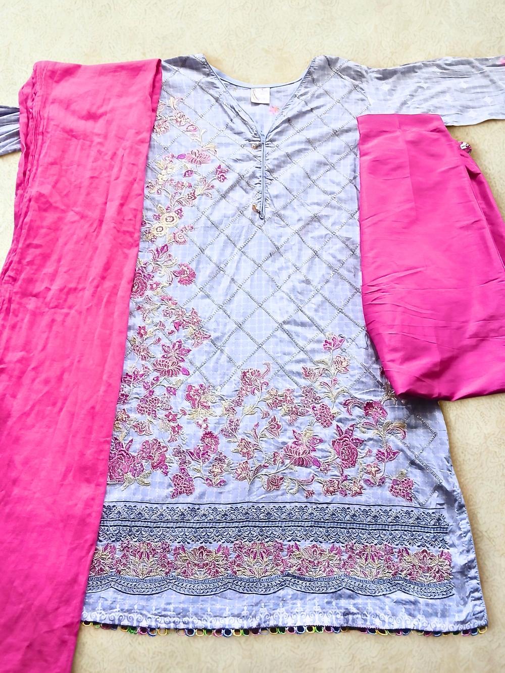 Embroidered Light Blue Kurta Set with Hot Pink Dupatta